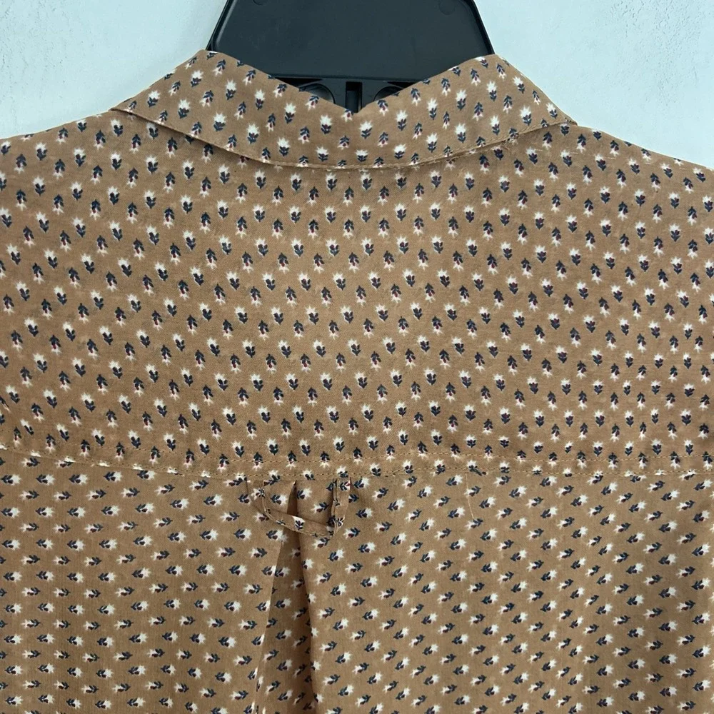 Passport‎ Women's Sz S Brown Floral Sheer Roll Tab Sleeves Button Up Blouse
